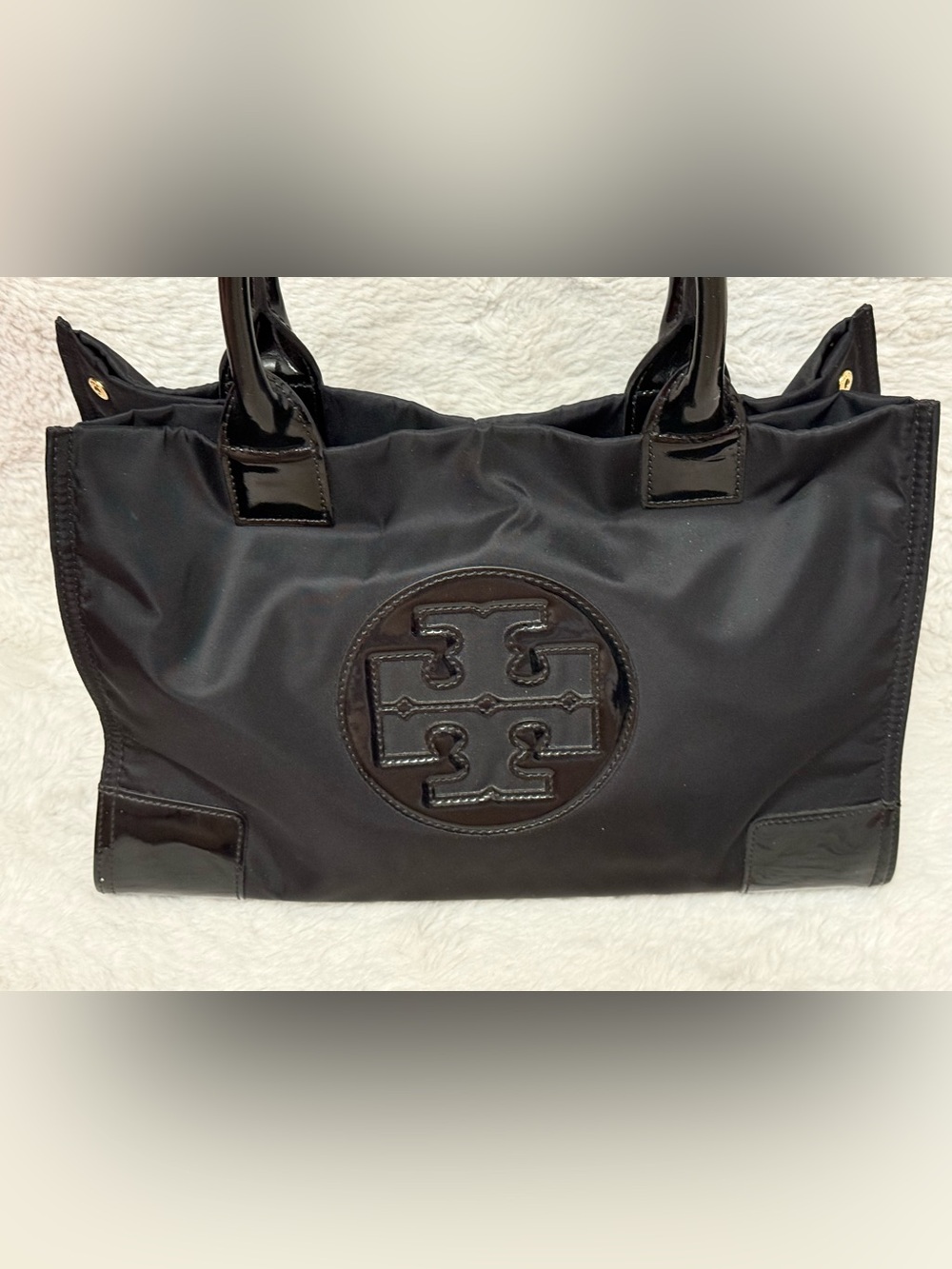Tory Burch Black Nylon Tote with Patent Trim and Logo Detail - Picture 2 of 12